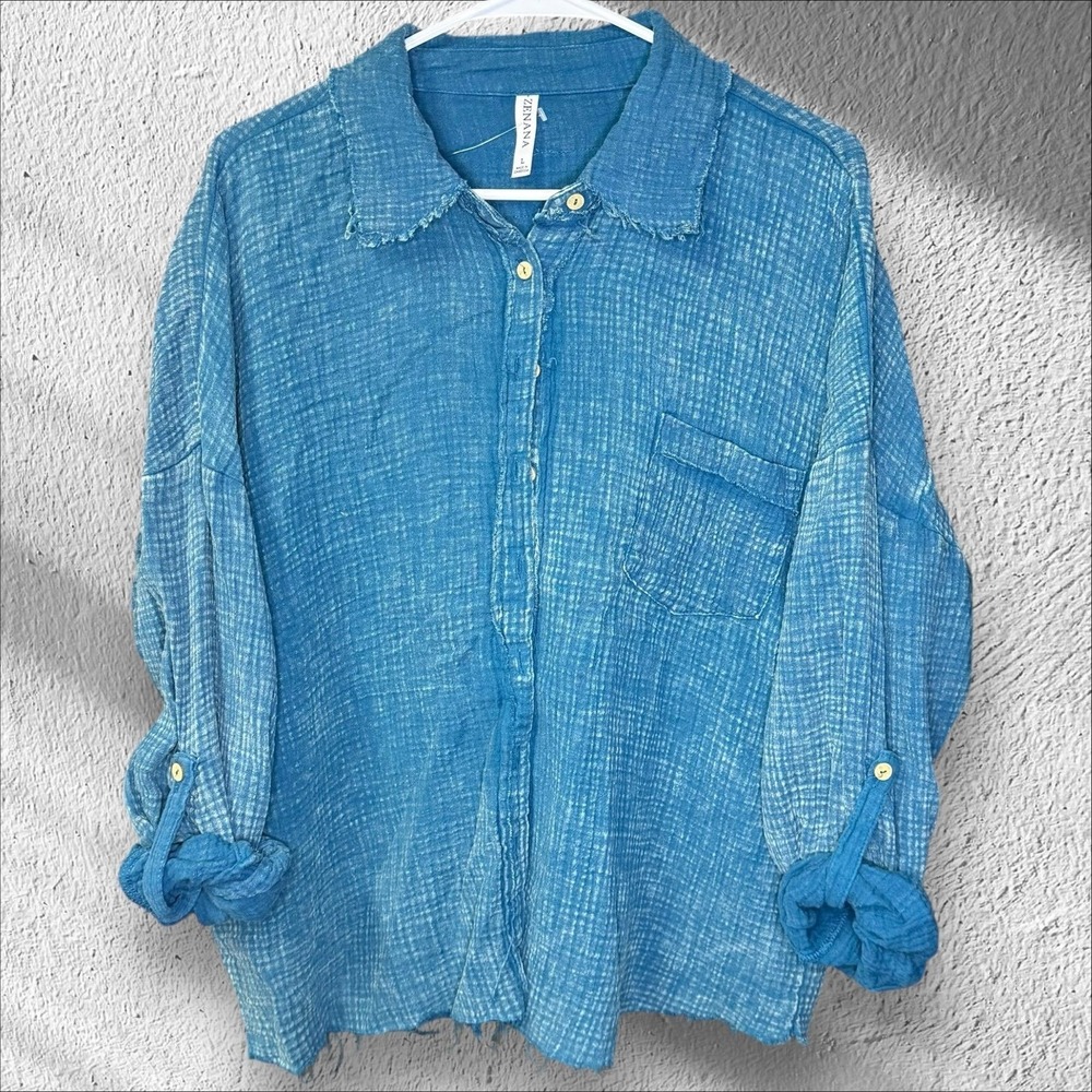 Zenana | Women's Blue Gauze Long Sleeve Button Down Shirt | L